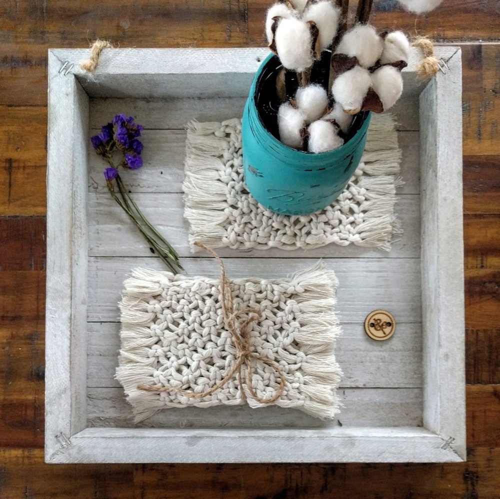 Boho coasters; Fringe macrame coasters; Rustic - Picture 2 of 4